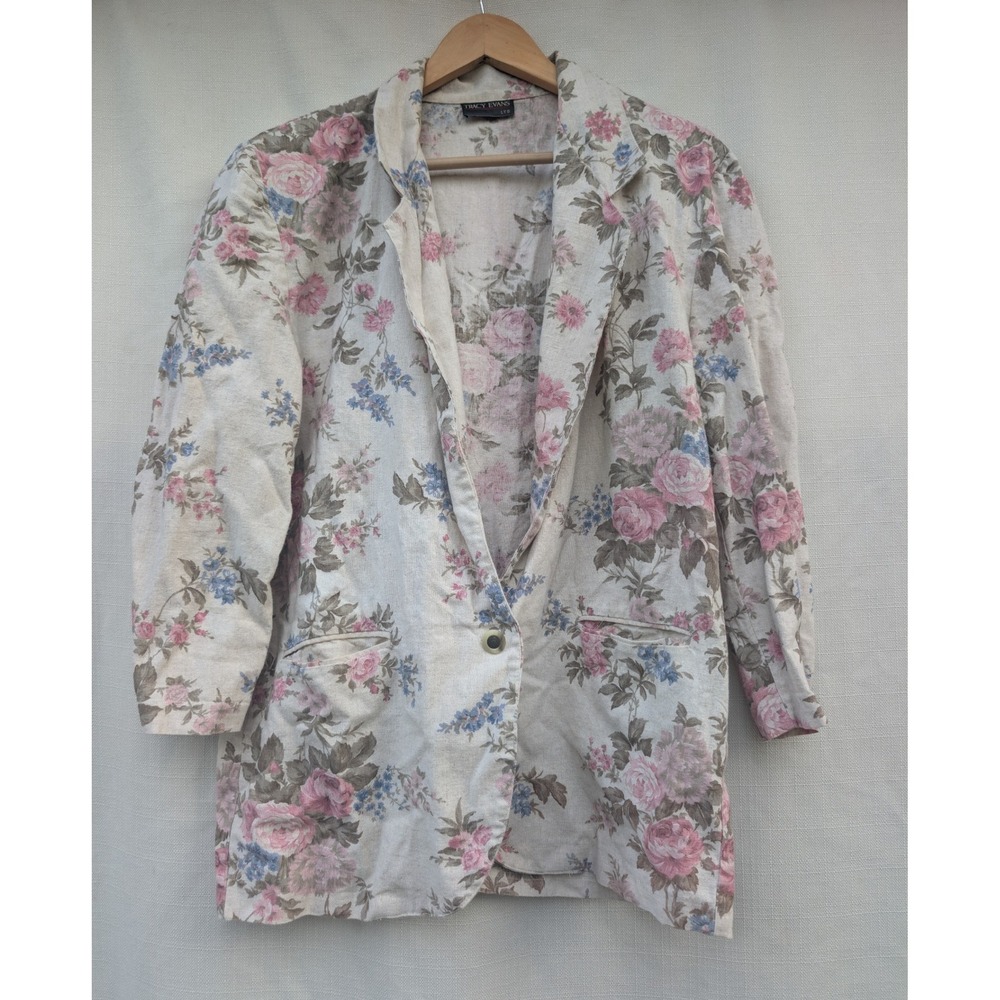 TRACY EVANS Vintage 90s Blazer Womens Beige Pastel Floral Grandmillennial